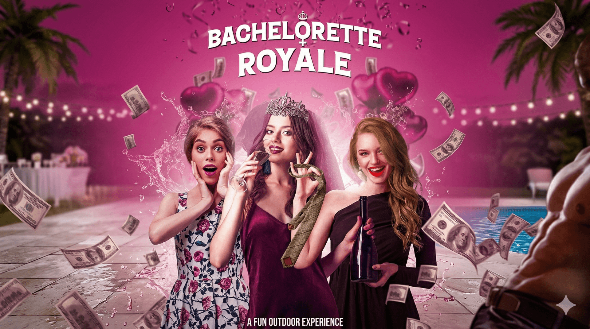 Affiche de Bachelorette Royale : trois amies en robe de soirée, des billets et des cœurs qui volent.