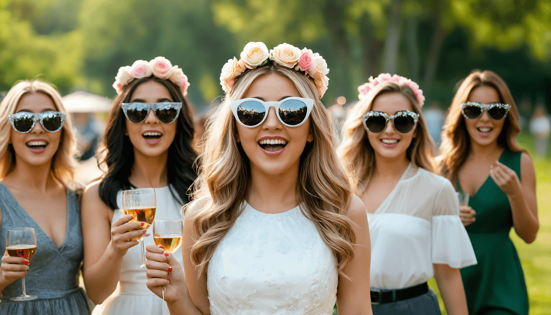 Des amies en couronnes de fleurs et lunettes de soleil rient ensemble.