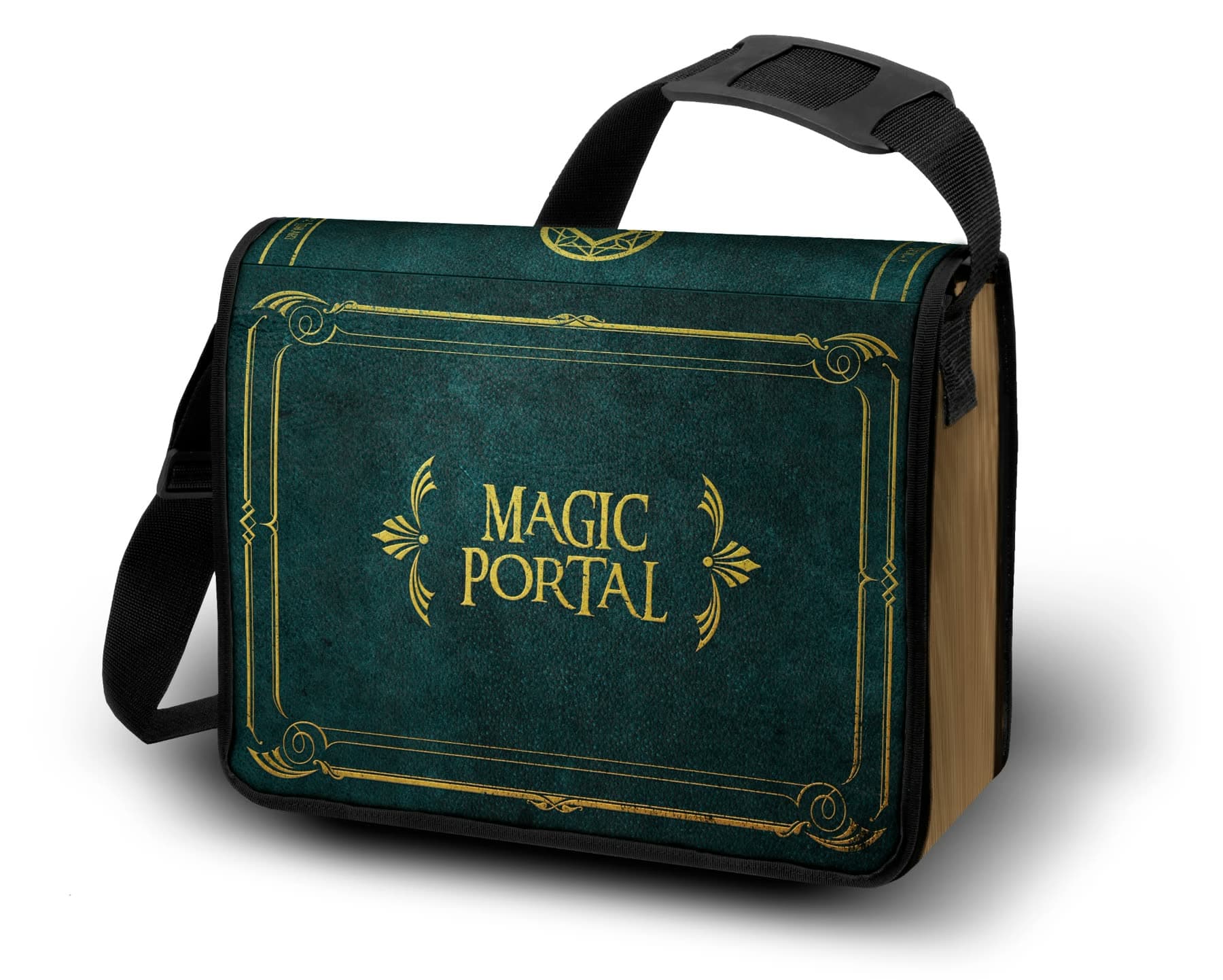 La sacoche Magic Portal, vert sombre à filets dorés, comme la couverture d’un grimoire.