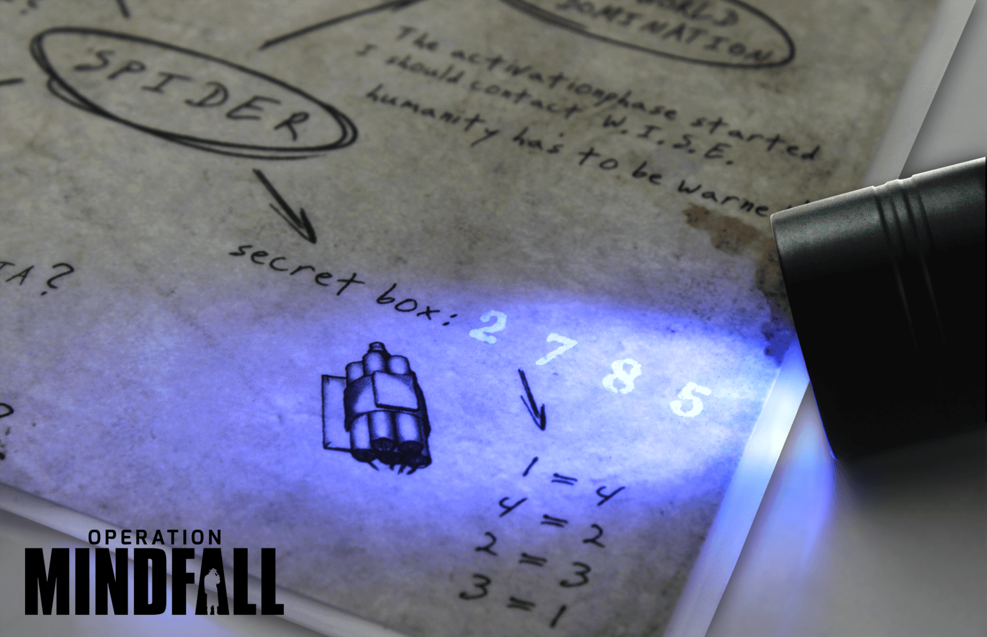 Une lampe UV révèle des notes manuscrites et des chiffres sur une feuille.