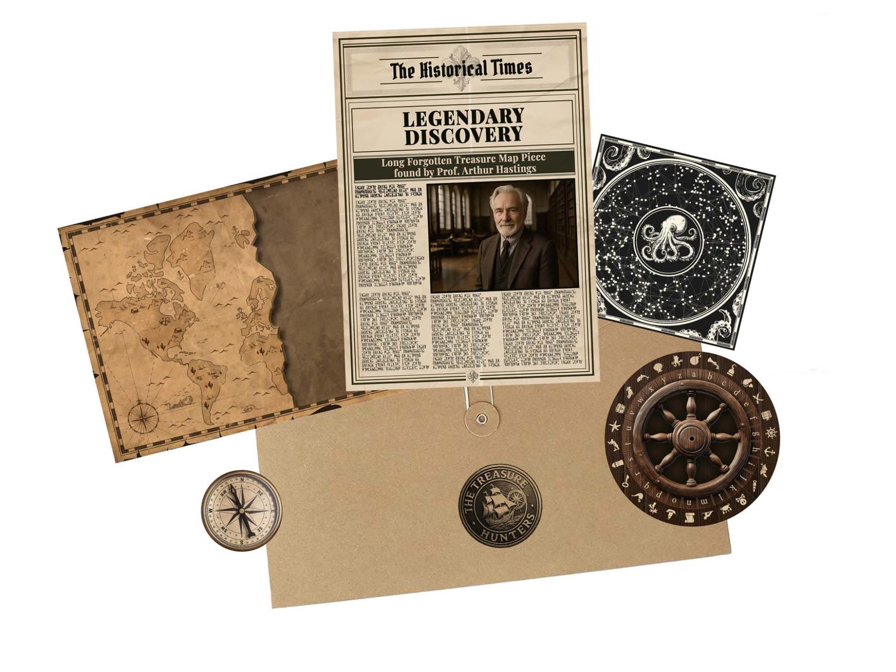 Le pack : une carte ancienne, un journal, une boussole, une roue de chiffrement, une carte des étoiles et une enveloppe kraft scellée.