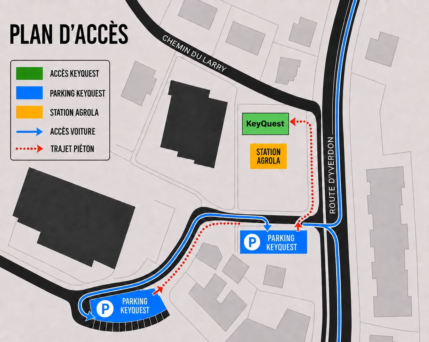 Plan d'accès KeyQuest : accès à côté de la station Agrola, deux parkings clients mis à disposition par Agrola et trajet piéton jusqu'à l'entrée