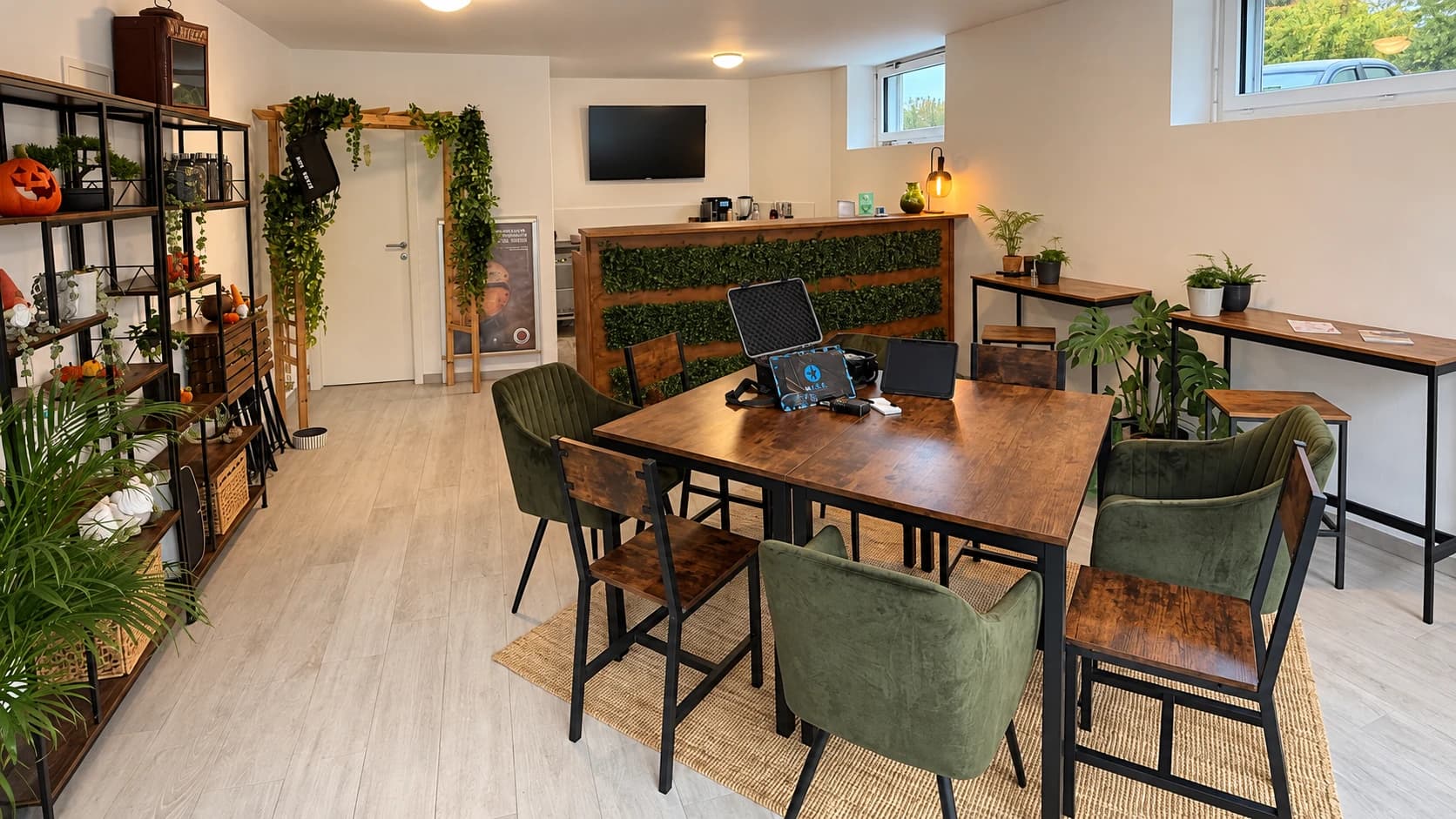 Le local KeyQuest en journée : lumière naturelle, bois, plantes et fauteuils verts autour de la table de jeu